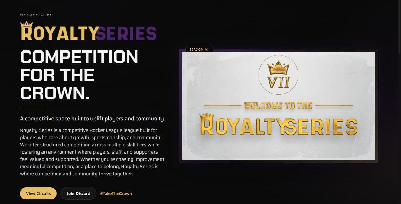 The archived Royalty Series homepage: the Royalty Series wordmark, the headline Competition for the crown, and the Season VII welcome banner