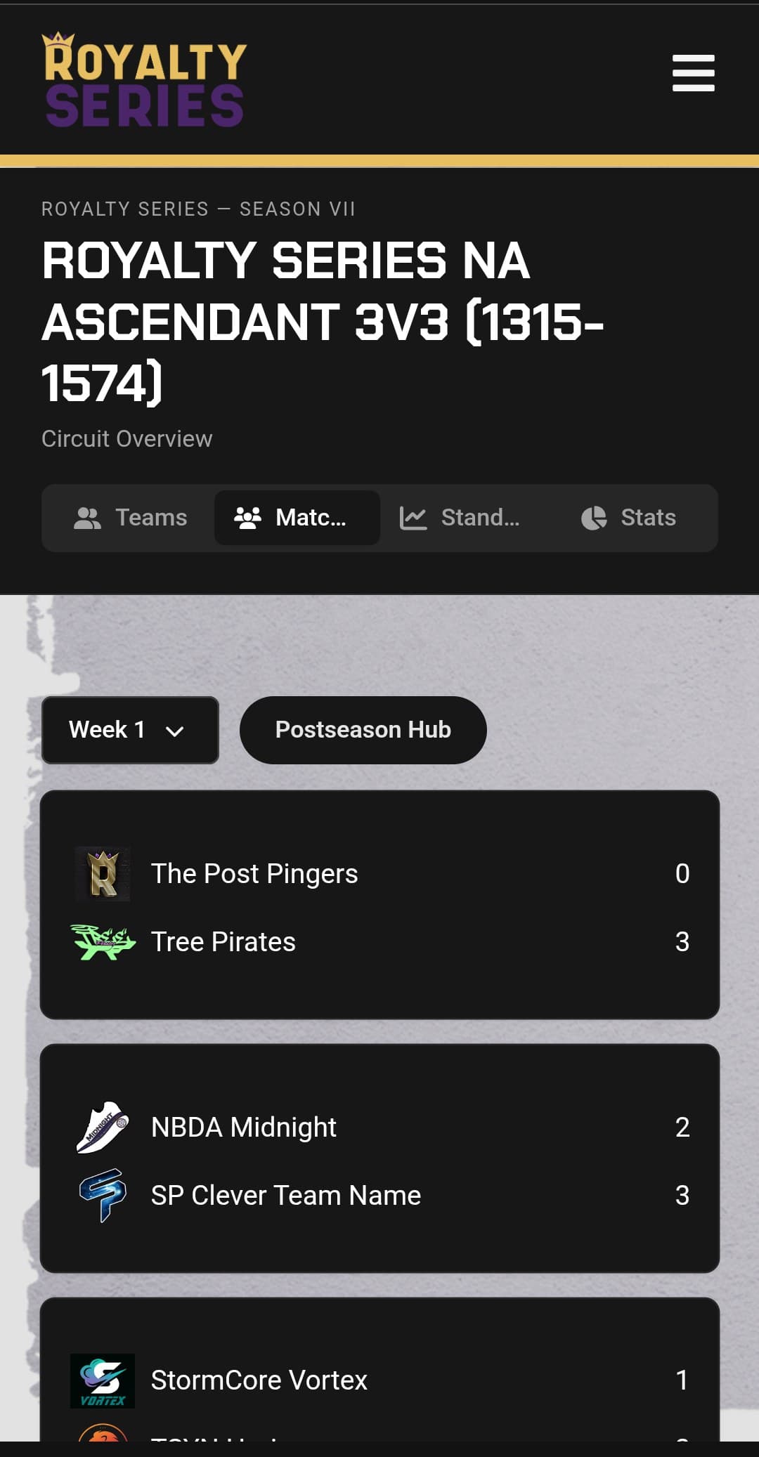 Royalty Series match-day view on a phone, listing weekly matchups with team logos and series scores